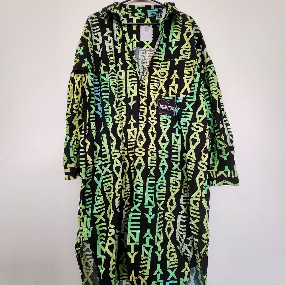 Savage X Fenty Black and Green Graphic Button Up Shirt Dress